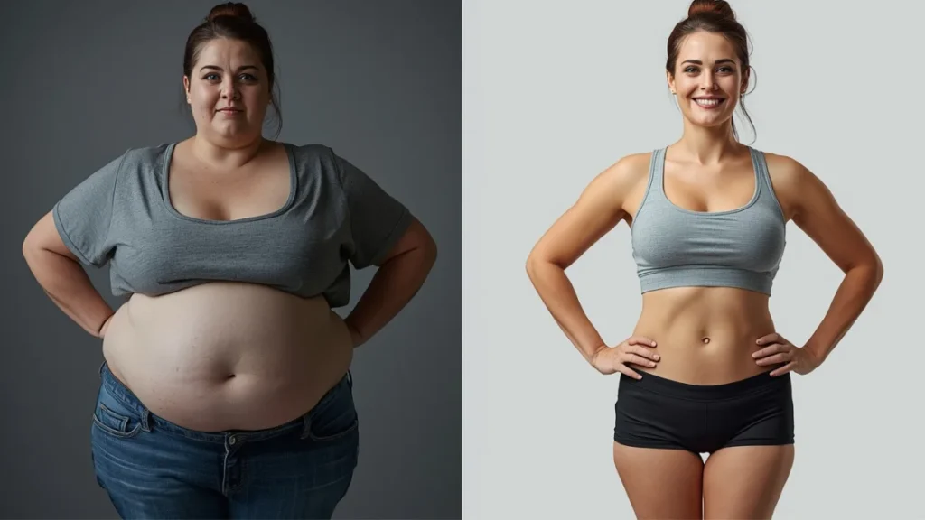 Belly Fat transformation showing before and after weight loss in the same woman
