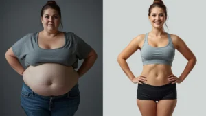 Belly Fat transformation showing before and after weight loss in the same woman