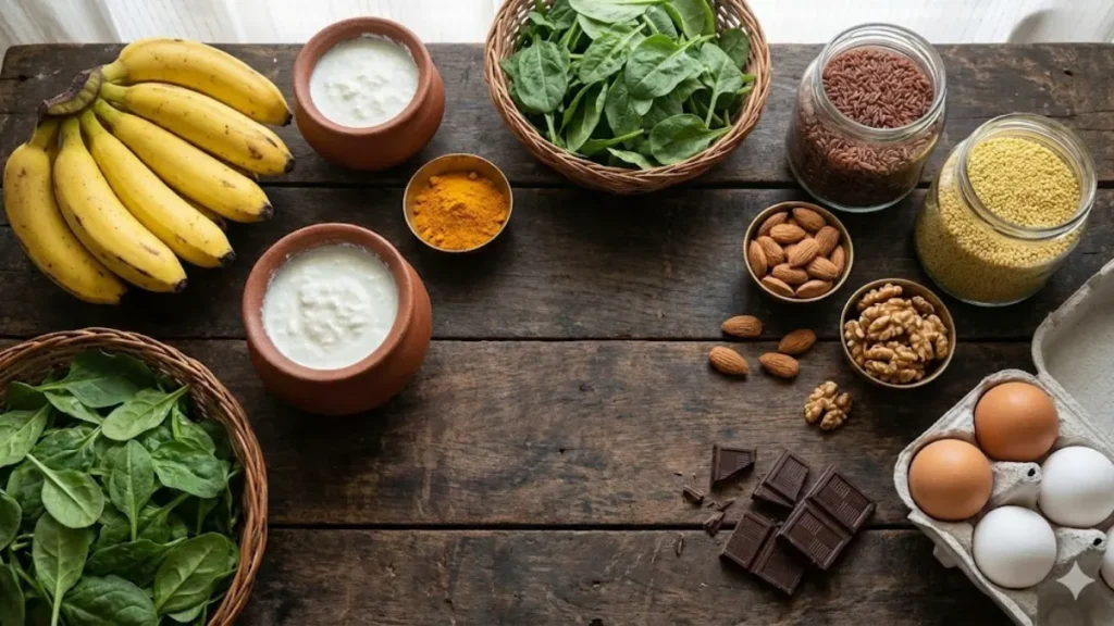 Indian everyday foods shown as happy hormone foods supporting mood balance naturally