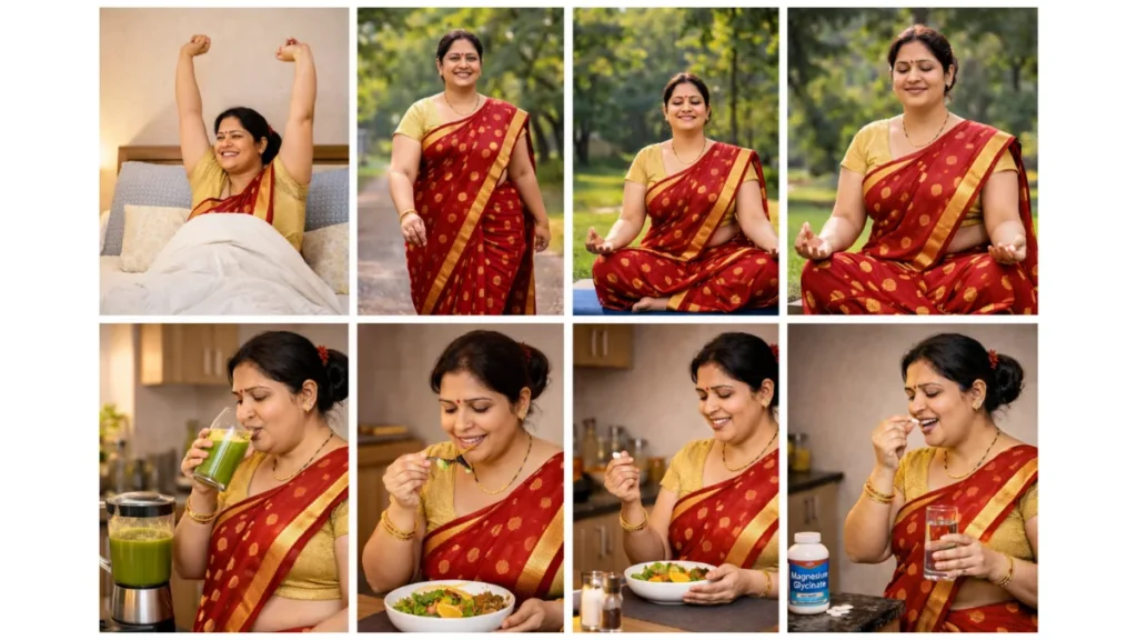 Indian woman following Ayurvedic Weight Loss routine with yoga, lauki juice, healthy diet and supplements