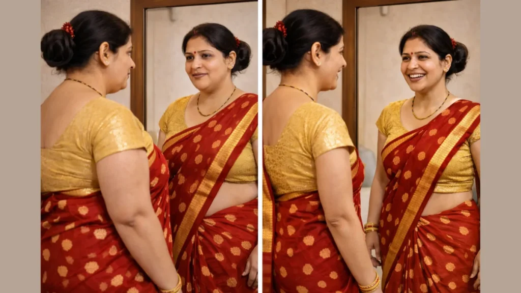 Indian woman comparing before and after results of Ayurvedic Weight Loss in mirror