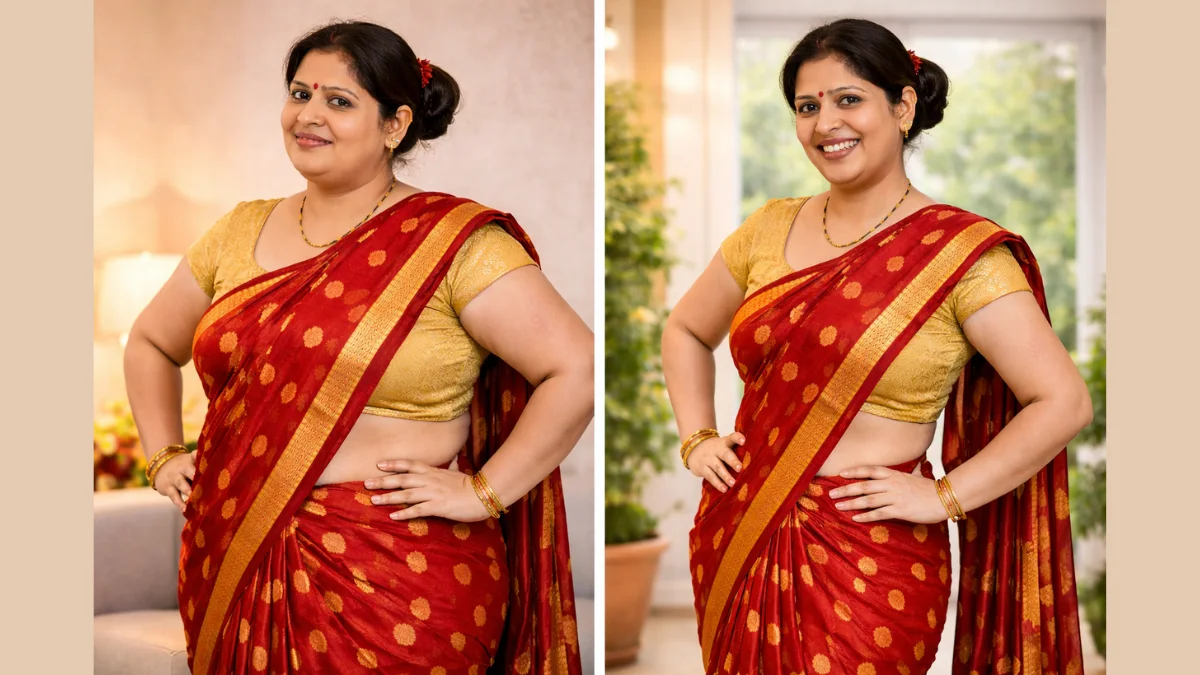 Indian woman showing transformation results of Ayurvedic Weight Loss in traditional lifestyle