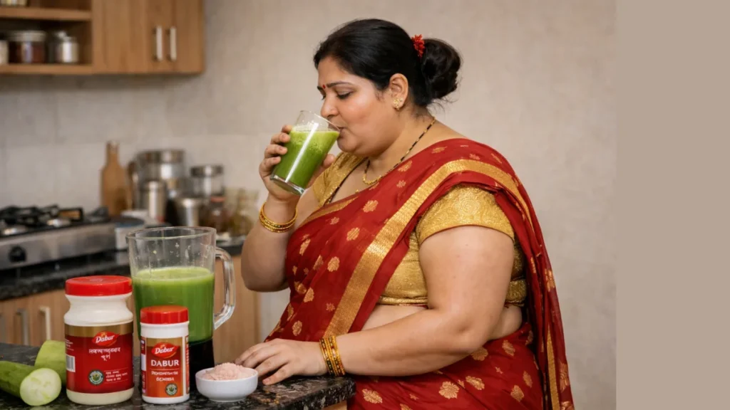 Indian woman drinking lauki juice as part of Ayurvedic Weight Loss routine in kitchen