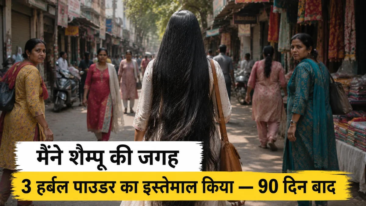 Woman with extremely long shiny black hair walking through a busy Indian market street, featuring a natural herbal hair care transformation concept with Hindi text about replacing shampoo with 3 herbal powders for 90 days.